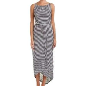 CAbi Boat Stripe Maxi Dress Sleeveless Blue White‎ Wrap 5105 Nautical Modest M